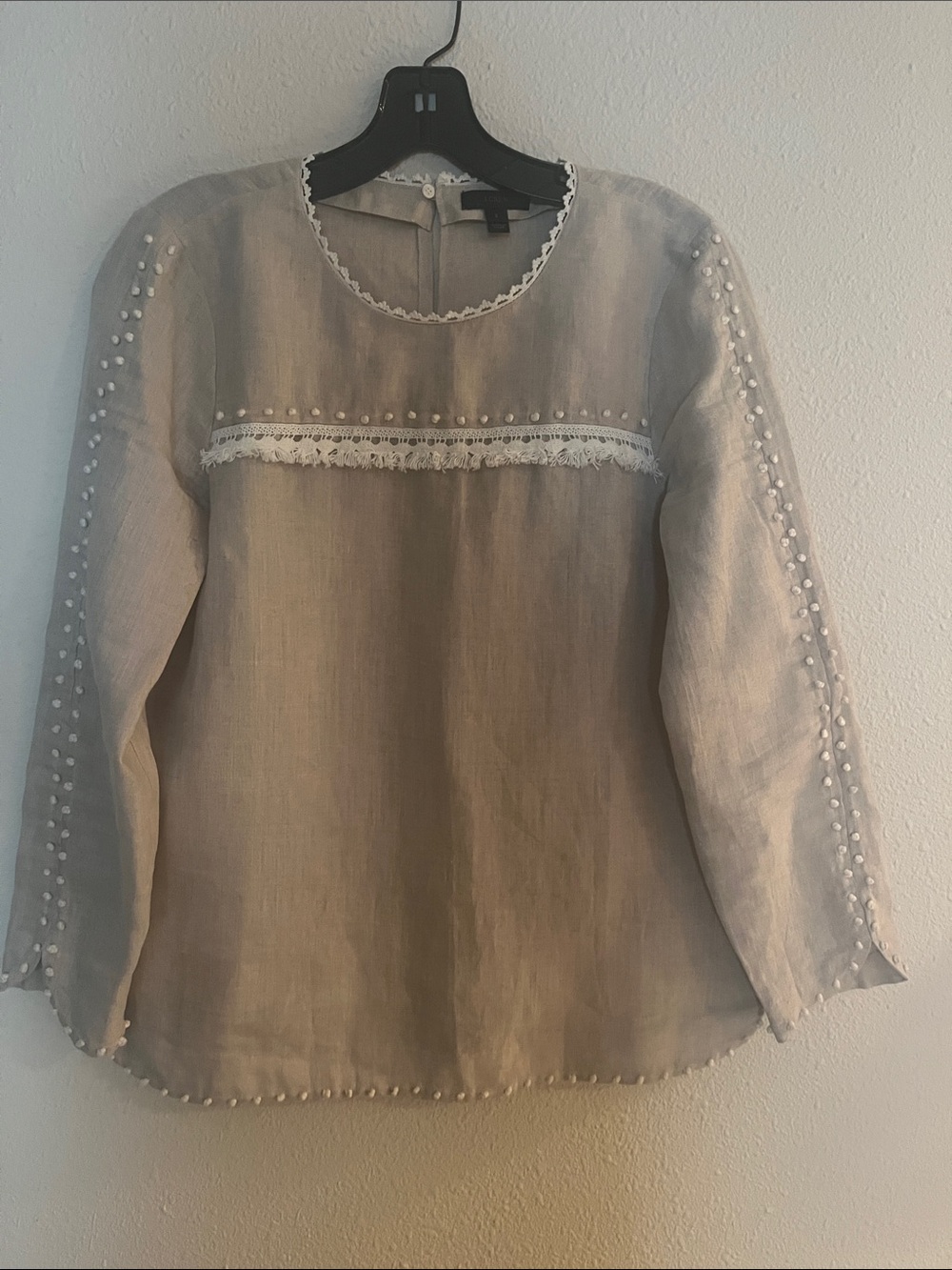 J Crew Linen Embroidered Fringe Blouse - Beige